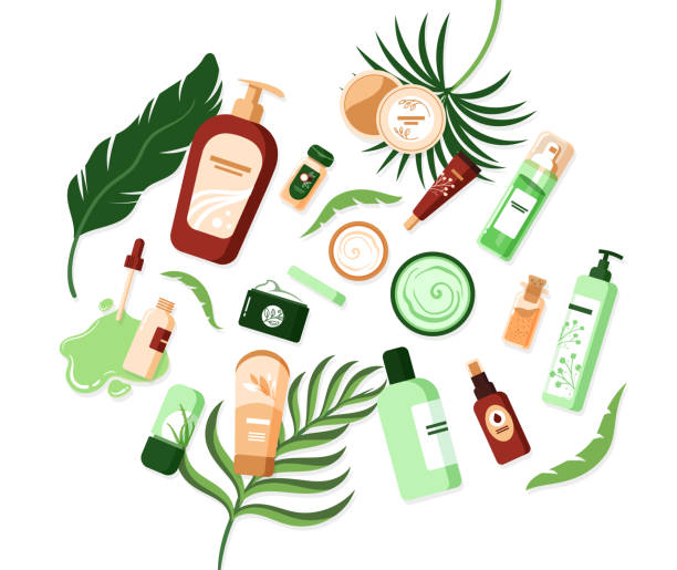 hautpflegeprodukte, glas kosmetische draufsicht zusammensetzung. bio-schönheitscreme, natürliche doodle-flasche, öko-lotion oder serum-gesichts- und handschläuche. palmgrüne blätter. design von vektorillustrationen - jar human hand moisturizer packaging stock-grafiken, -clipart, -cartoons und -symbole