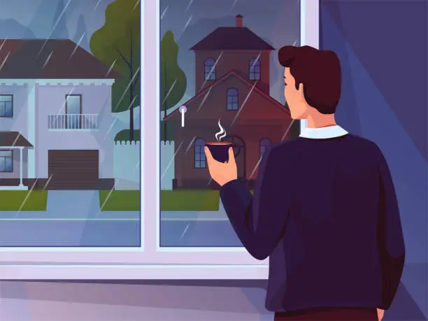 Vector illustration of Rain weather. Man looking out window and drinking hot beverage. Puddles on suburban street. Nature landscape. Person watching on city road. Outside houses. Vector illustration background