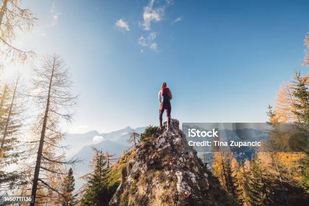 On Top Of The World Caucasian Woman Hiker Standing On A Rock Admiring The View Of Autumn Mountains In The Distance Stock Photo - Download Image Now