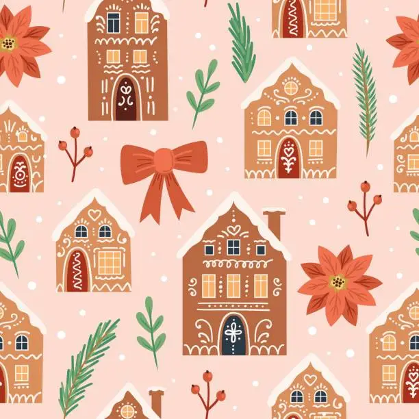 Vector illustration of Gingerbread houses christmas pattern. Cute vector illustration in flat cartoon style
