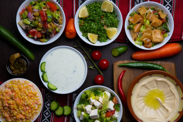 istock Assorted hummus, raita, Fattoush, Mutabal, Quinoa Salad, snack served in dish isolated on table top view of arabic food 1450718708
