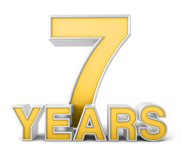 7 years 3d isolated on white background. Celebrating 7th anniversary. Gold and silver metallic Number. 3D illustration.