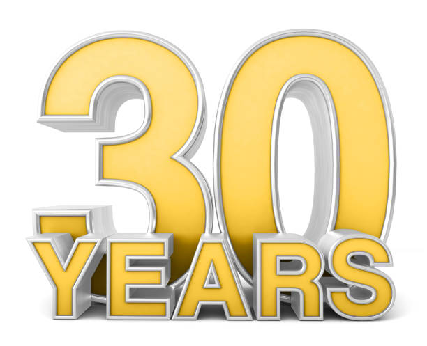 istock 30 years 3d isolated on white background. Celebrating 30th anniversary. Gold and silver metallic Number. 3D illustration. 1450719736
