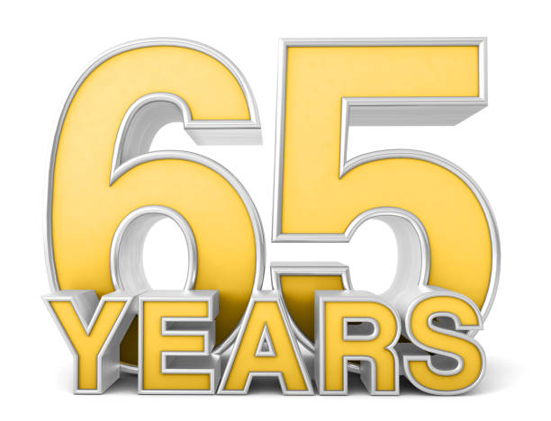 istock 65 years 3d isolated on white background. Celebrating 65th anniversary. Gold and silver metallic Number. 3D illustration. 1450719789