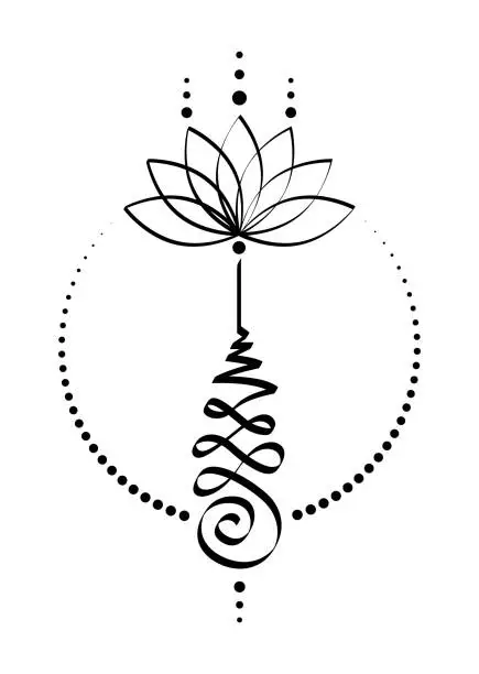 Vector illustration of Unalome lotus flower symbol, Hindu or Buddhist sign representing path to enlightenment. Yantras Tattoo icon. Simple black and white ink drawing, isolated vector illustration