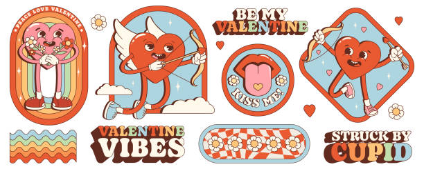 groovy hippie love sticker set. retro szczęśliwych walentynek. komiksowa postać o szczęśliwym sercu w modnym stylu kreskówek retro z lat 60. i 70. postacie i elementy retro. - late afternoon stock illustrations