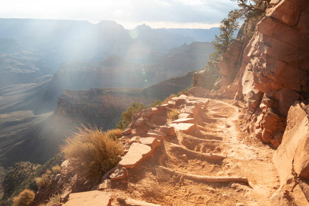 Footpath at Grand Canyon, on the South Kaibab trail View of the sunrise at Grand Canyon, on the South Kaibab trail. south kaibab trail stock pictures, royalty-free photos & images