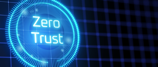 Zero trust security model. Secure network. Hologram with the inscription zero trust. 3d render..