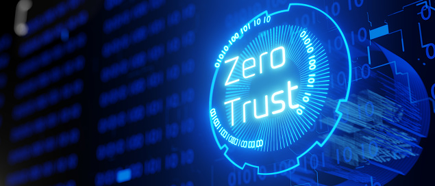 Hologram with the inscription zero trust. Zero trust security model. Secure network. 3d render..