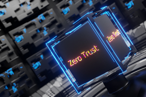 inscription zero trust on the technological design. Network connection concept. Zero trust security model. Secure network. 3D rendering..