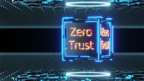 The inscription zero trust on a technology cube. Network connection concept. Zero trust security model. Secure network. 3d render..