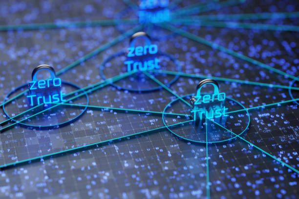 network connection concept. zero trust security model. secure network. 3d render. - zero imagens e fotografias de stock