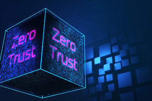 The inscription zero trust on a technology cube. Network connection concept on a cubic background. Zero trust security model. Secure network. 3d render..