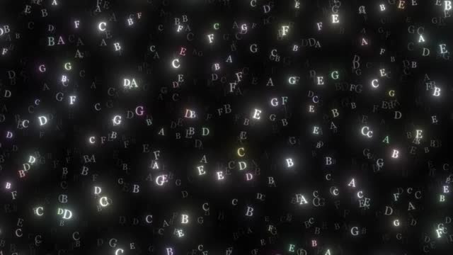 Animation Of Flying Glowing Alphabet On Black Background, Capital Latter Floating Over Black Background. Loop Animation Of Alphabet Moving In The Air, English Letters Falling Animation On Black Board