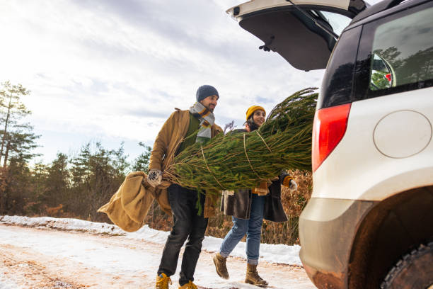 istock Caucasian couple packing an Christmas tree into car trunk 1450724961