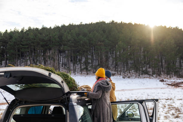 istock Couple tying a Christmas tree to the car roof 1450728308