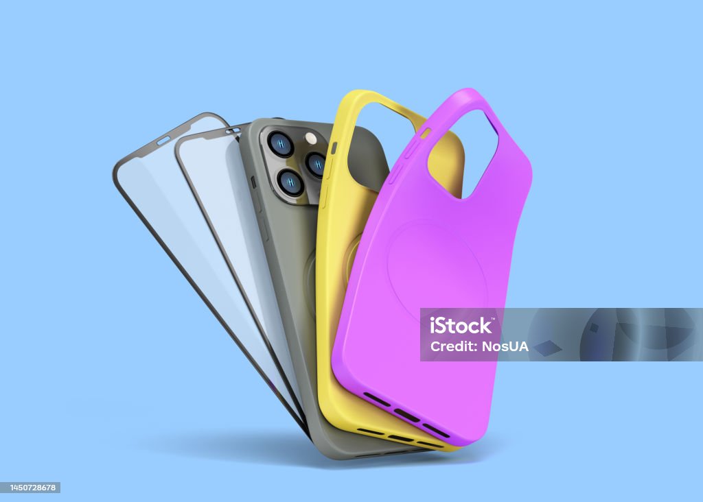 multicolored band phone cases and screen protection glass presentation for showcase 3d render on blue Telephone Stock Photo