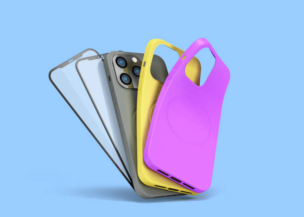 multicolored band phone cases and screen protection glass presentation for showcase 3d render on blue stock photo