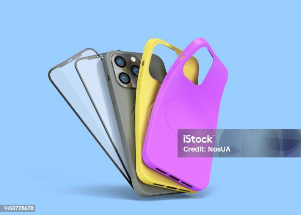 Multicolored Band Phone Cases And Screen Protection Glass Presentation For Showcase 3d Render On Blue Stock Photo - Download Image Now