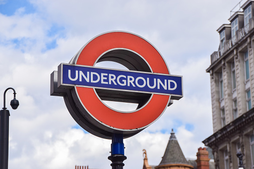 London, UK - July 28 2020: a  London Underground sign outside a Tube station