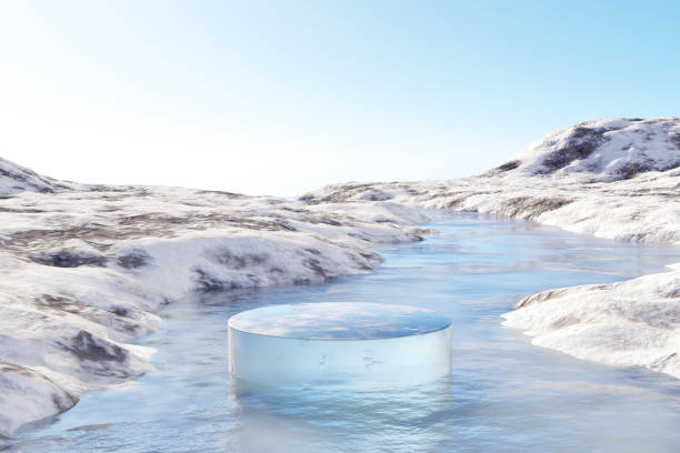 istock Abstact 3d render winter scene and Natural podium background, Ice podium on the ice river backdrop clear sky and snow mountain for product display advertising cosmetic products, skincare or etc 1450730341