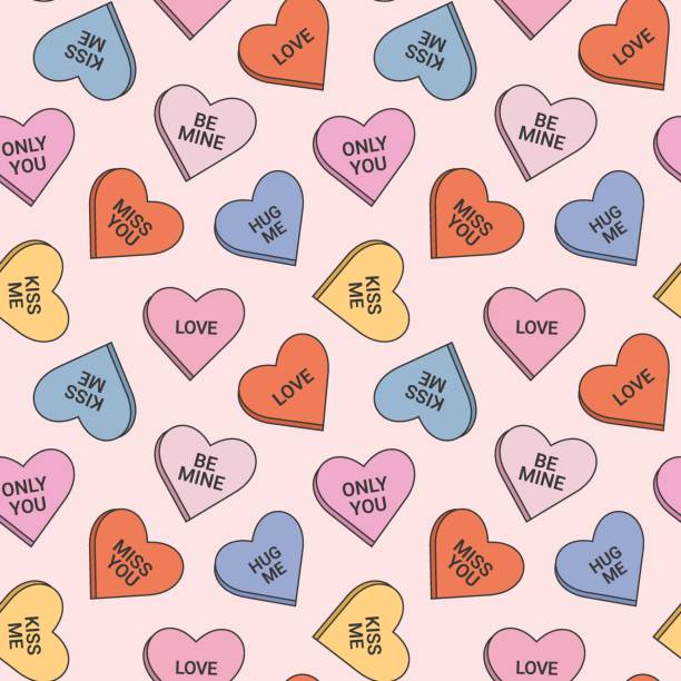 loveheartspattern Seamless pattern in trendy retro groovy style. With valentines day elements. Candy hearts happy valentine day clip art stock illustrations