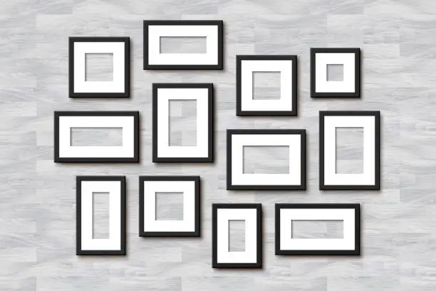 Vector illustration of Realistic Empty Wall Photo Frames collage. Vector black picture frame set mockup template with shadow on white wooden background. Mockup for poster, photo gallery, painting, presentation