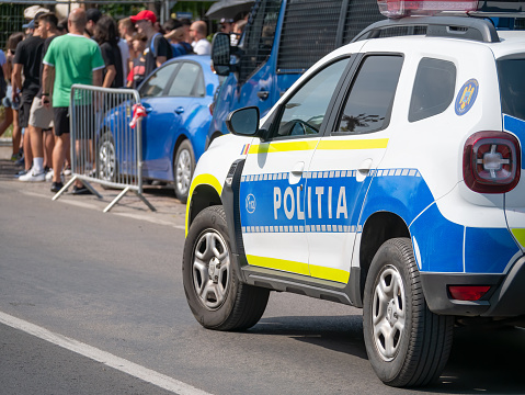 BucharestRomania - 10.01.2020: Police car on the street. Romanian police patrolling. Close up.