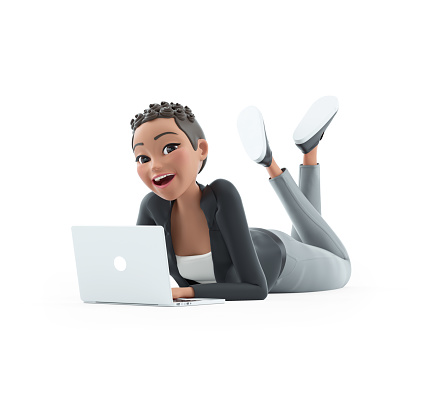 3d character woman working on laptop and lying down on floor, illustration isolated on white background