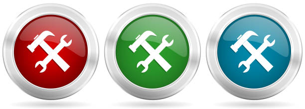 Tools, service vector icon set. Red, blue and green silver metallic web buttons with chrome border - ilustração de arte vetorial