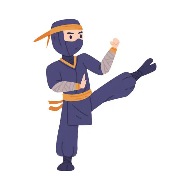 Vector illustration of Ninja or Shinobi Character as Japanese Covert Agent or Mercenary in Shozoku Disguise Costume in Fighting Pose Vector Illustration