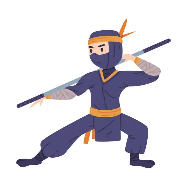 Vector illustration of Standing with Stick Ninja or Shinobi Character as Japanese Covert Agent or Mercenary in Shozoku Disguise Costume Vector Illustration