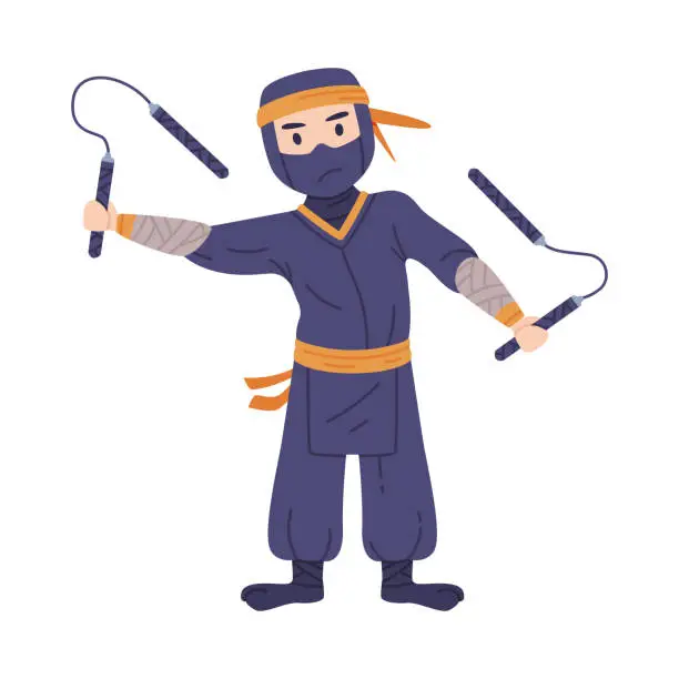 Vector illustration of Ninja or Shinobi Character as Japanese Covert Agent or Mercenary in Shozoku Disguise Costume Fighting with Nunchaku Vector Illustration