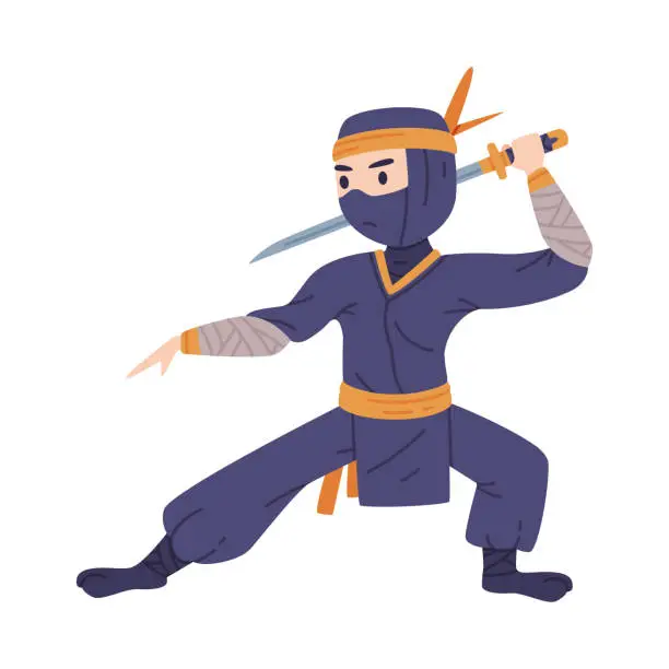 Vector illustration of Ninja or Shinobi Character as Japanese Covert Agent or Mercenary in Shozoku Disguise Costume with Sword in Fighting Pose Vector Illustration