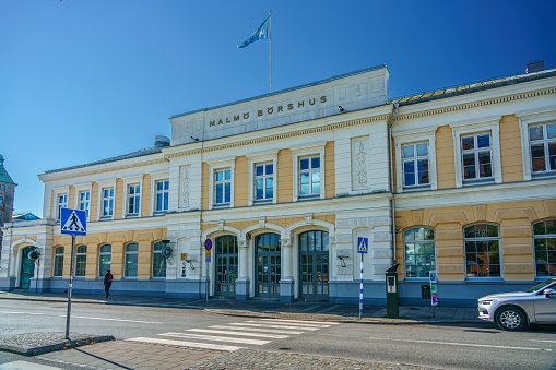 Malmo, Sweden – September 20, 2022: The Malmo Borshus, entrance to the commercial building at daytime in Malmo, Sweden