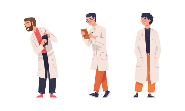 Vector illustration of Man Scientist Character in White Coat Conducting Experiment and Research Vector Set