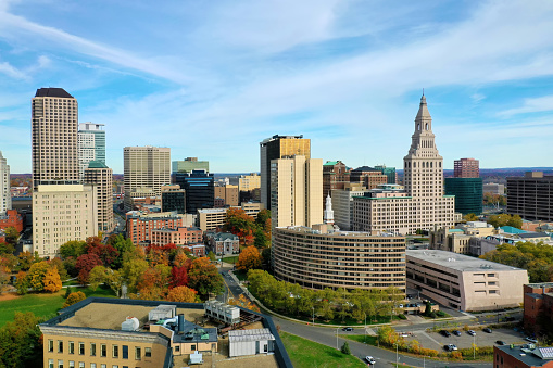 An aerial scene of Hartford, Connecticut, United States in autumn