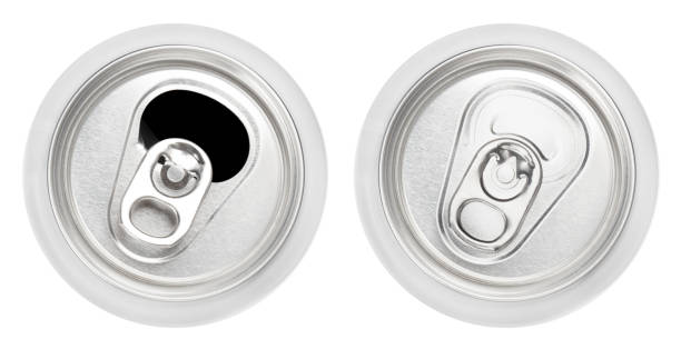 Top view of closed and opened aluminium cans on white Top view of closed and opened aluminium cans, isolated on white background can top stock pictures, royalty-free photos & images