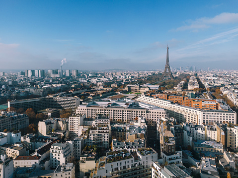 Aerial view of 7th arrondissement of Paris with Eiffel Tower , France
