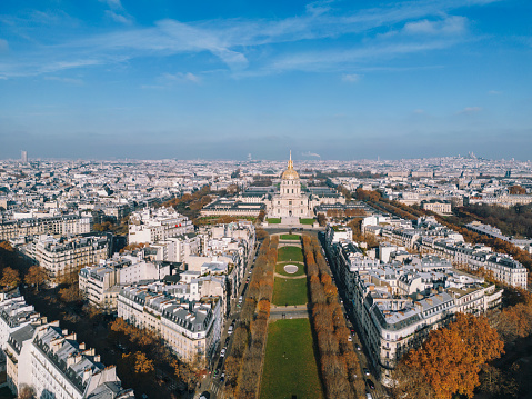 Aerial view of 7th arrondissement of Paris with Les Invalides, France