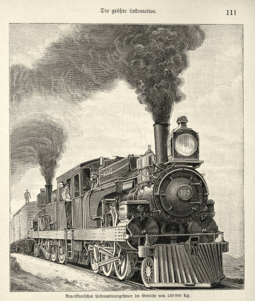 American steam locomotive freight train fitted with a Cowcatcher, History of Rail transport, 1890s, 19th Century vector art illustration