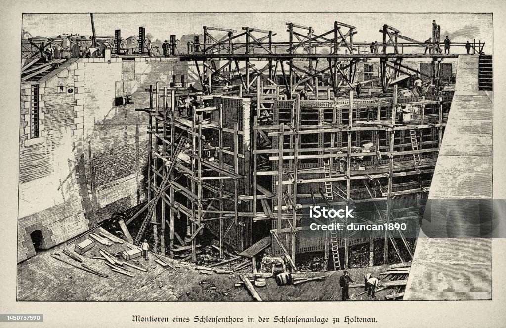 ホルテナウのキール運河の水門システムにおける運河閘門の建設1890年代19世紀 建設現場のベクターアート素材や画像を多数ご用意 建設