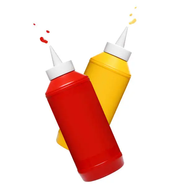 Photo of Flying ketchup and mustard in plastic bottles on white