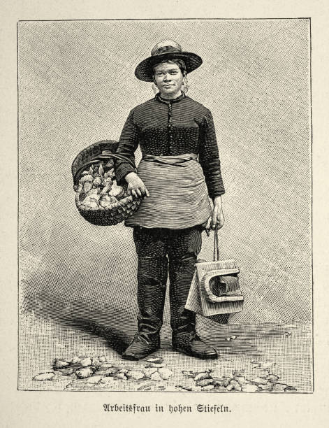 Victorian oyster fisher woman in high boot and holding a part of mud shoes, Arcachon Bay, France, 1890s, 19th Century vector art illustration