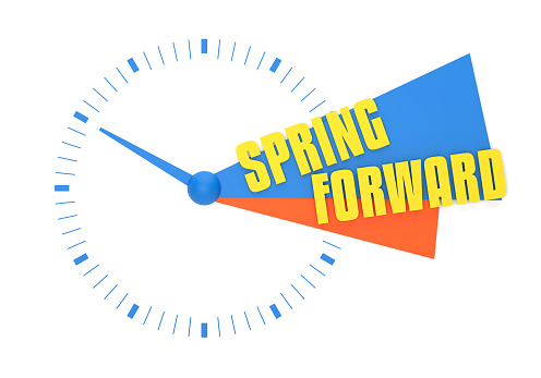 Abstract Clock On White Background With Spring Forward Message. Time Concept.