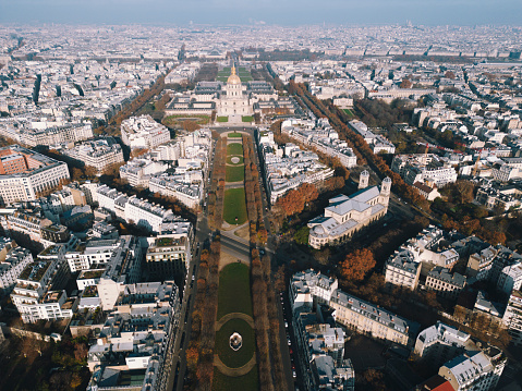 Aerial view of 7th arrondissement of Paris with Les Invalides, France