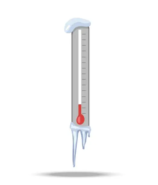 Vector illustration of Thermometer with icicles and snow cap. Very cold weather in winter, danger of frostbite. Frozen thermometer showing low temperature. Flat vector illustration isolated on white background