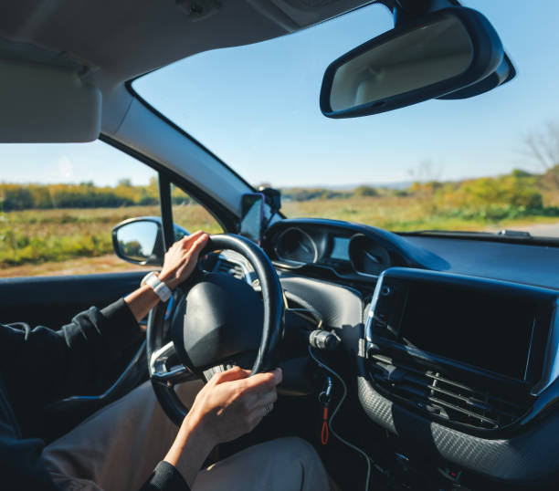 istock Female hands on the steering wheel in the car, 1450761045