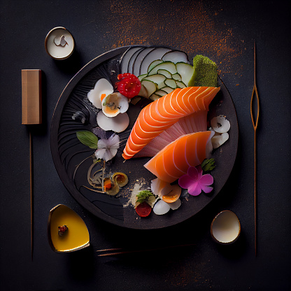 Japanese food with salmon, rice, vegetables