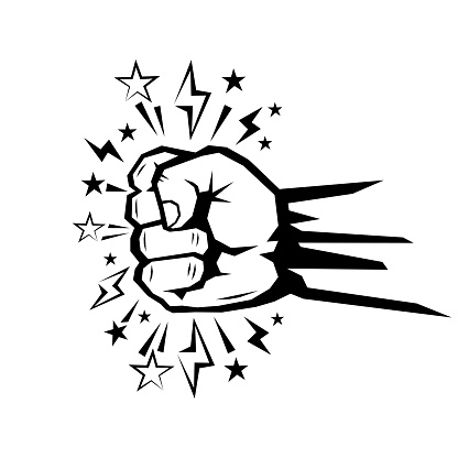 Powerful fist strike with comic lightning and stars. Cartoon protest symbol. Flat design, vector on transparent background